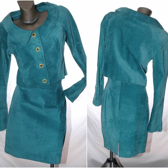 Suede Leather JACKET & SKIRT Dress 2 pc. Suit Set Aqua Teal Danier Womens M / 8 - Picture 8 of 9